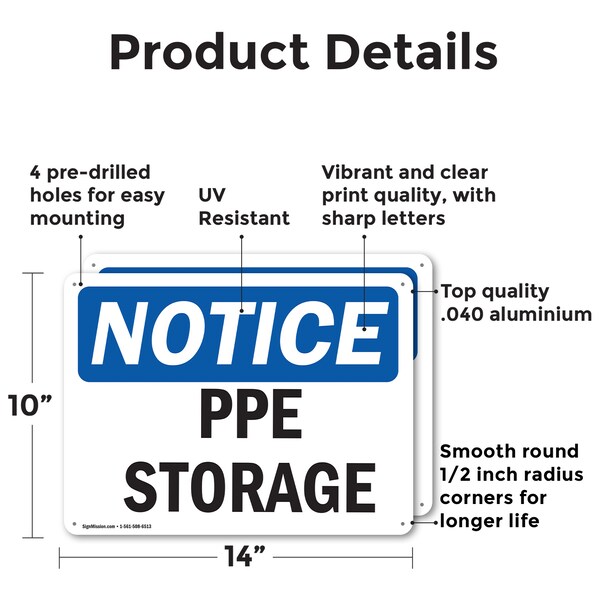 PPE Storage OSHA Notice Sign, Aluminum, 14in W X 10in L, 2PK